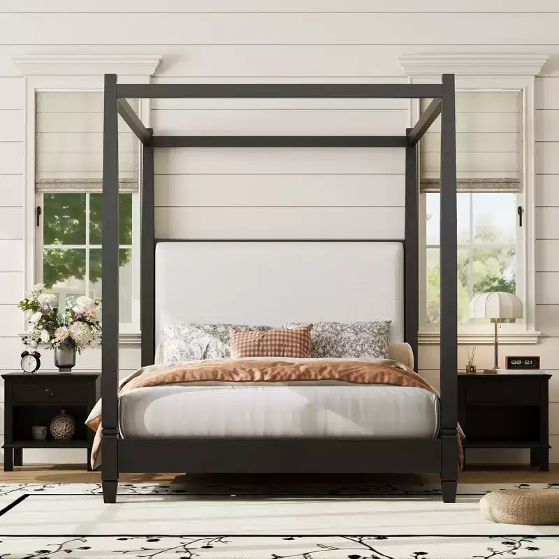 ModernLuxe Queen/King Size Canopy Platform Bed with Upholstered Headboard, Solid Wood Four Poster Bed Frame with Wooden Slats Support