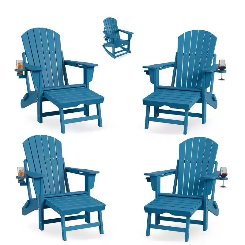 HDPE 4-in-1 Adirondack Rocking Chair with Retractable Ottoman,Folding Outdoor Plastic Rocker with Cup Holders,All-Weather Patio Seating for Poolside