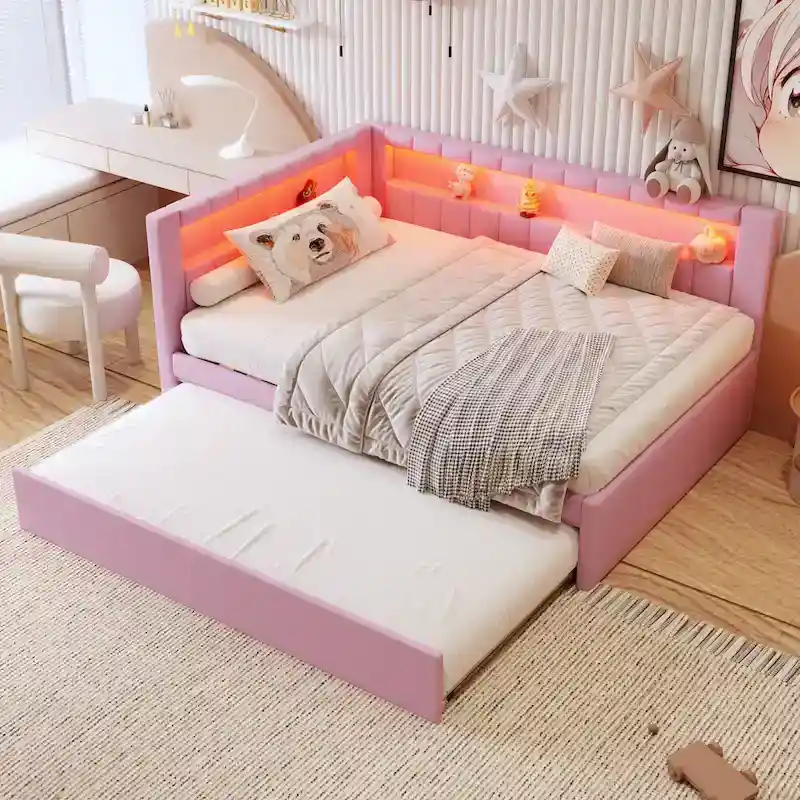 Lit plateforme rembourré avec ports USB et éclairage LED - Cadre de lit double/simple avec 2 tiroirs de rangement - Chambre moderne