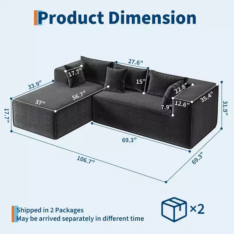 106.7Sectional Sofa, Cloud Modular Sectional Couches W/ Chaise,Polyester Sectional Couches L-Shaped Modern Upholstered Sofa with Deep Seat
