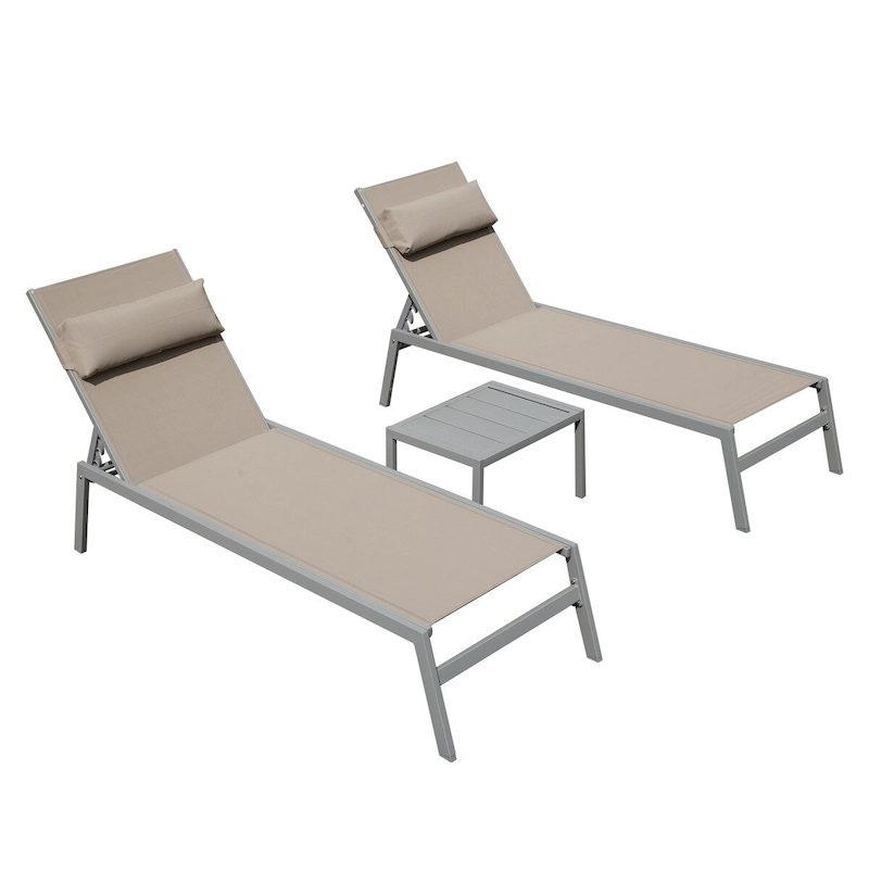 Patio Chaise Lounge Set of 3, Aluminum Pool Lounge Chairs with Side Table, Outdoor Adjustable Recliner All Weather