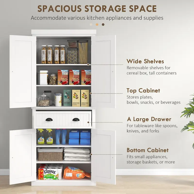 72 Kitchen Pantry Storage Cabinet, Traditional Freestanding Cabinet with 4 Doors and 3 Adjustable Shelves, Large Central Drawer