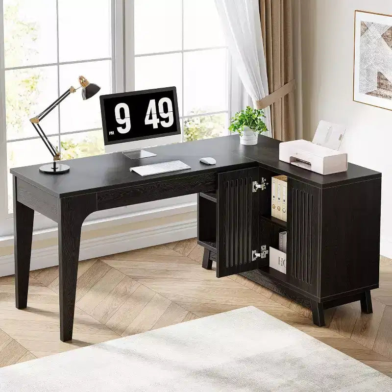 57-Inch L-Shaped Computer Desk with Storage Cabinet for Home Office