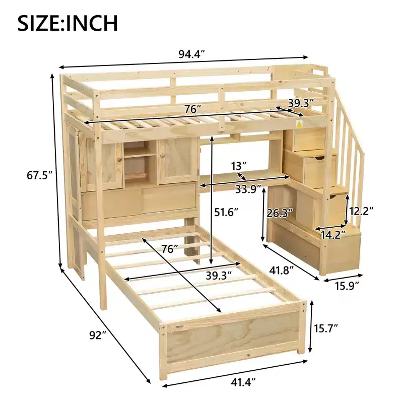 Wood Twin Size Bunk Bed with Desk and Staircase, L-Shaped Twin over Twin Loft Bed with Storage Compartments and Shelves