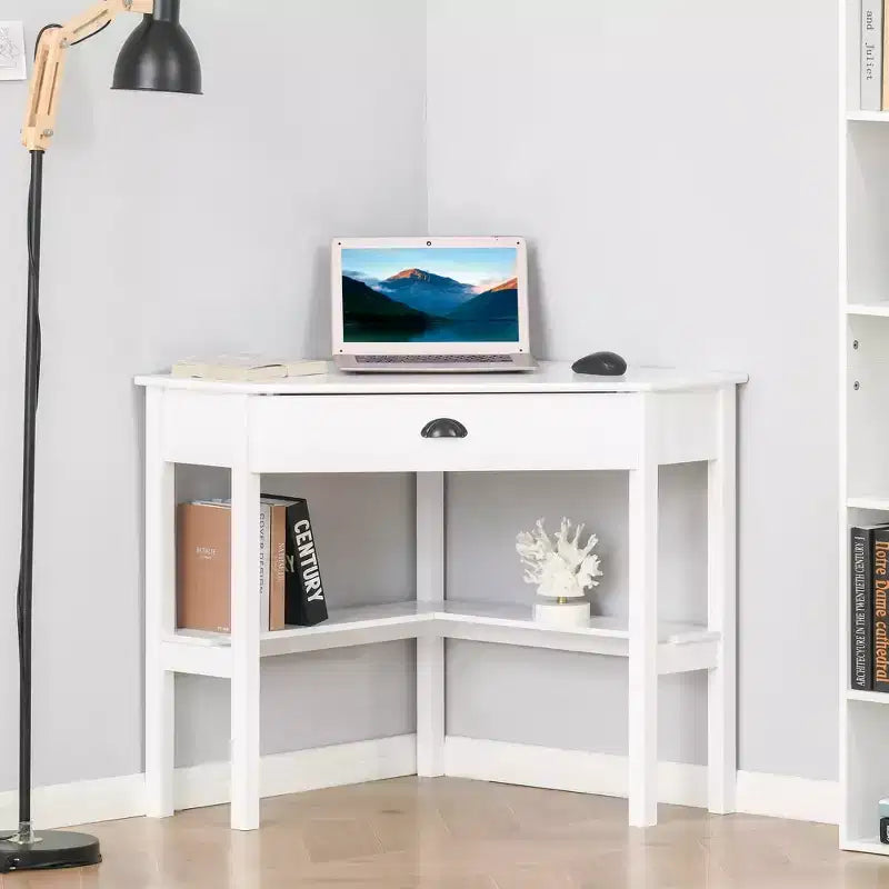 Corner Desk, Triangle Computer Desk with Drawer and Storage Shelves for Small Spaces, Home Office Workstation for Living Room, or Bedroom