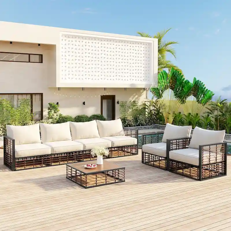 7 Pcs Patio Conversation Set, All-Weather Garden Conversation Furniture Set with Thick Cushions and Coffee Table