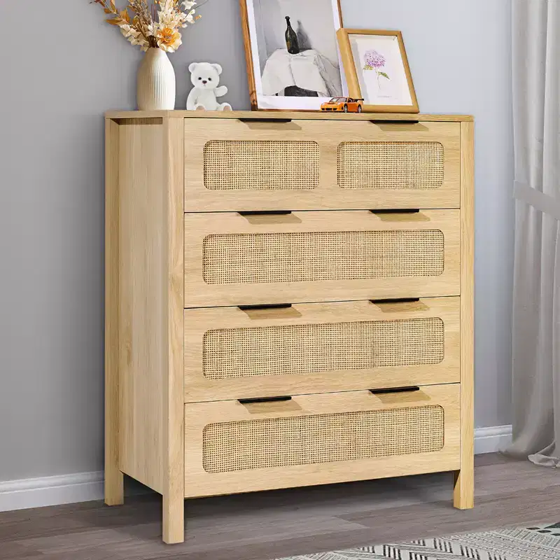 4 Drawer Rattan Dresser, Natural Wood Color