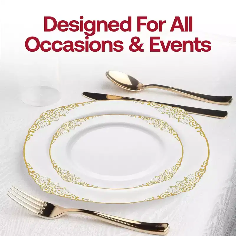 Smarty Had A Party White w/ Gold Fancy Round Plastic Wedding Set - 60 Sets