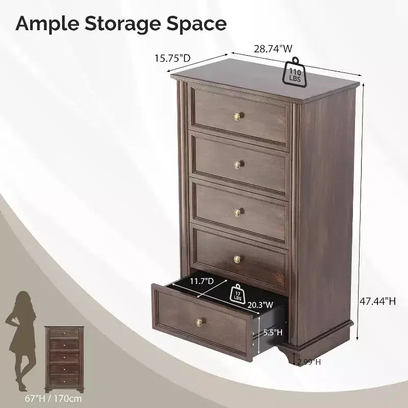 VINGLI Tall Dresser 5 Drawer Chest of Drawers, Wood Brown Dresser for Bedroom