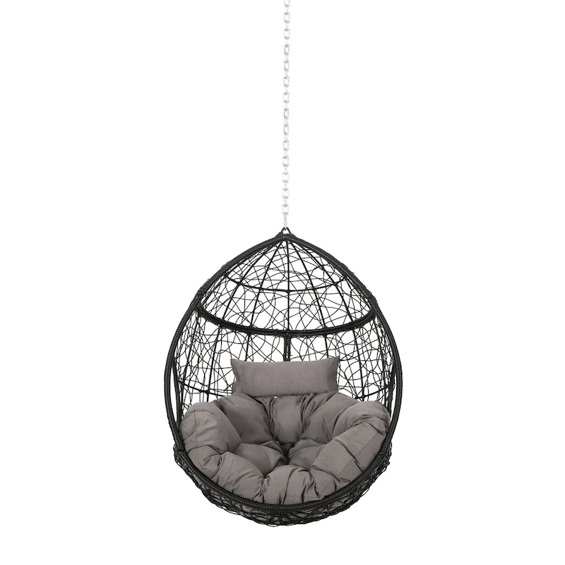 Castic Outdoor Hanging Chair, 46 Inch Rattan Frame, Black Iron, Gray