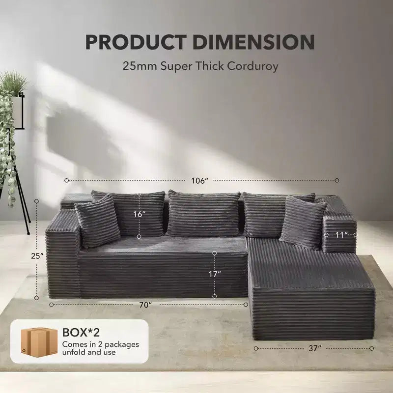 Modular Sectional Sofa, 106 Comfy L Shaped Black Couches for Living Room, Oversized Sofa Sleeper with Deep Seat, No Assembly Required