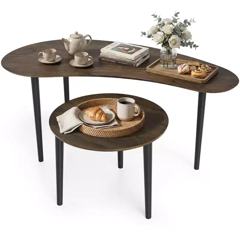 Costway Nest Coffee Tables Set of 2 Modern Accent Tables w/ Solid Wood Support Legs