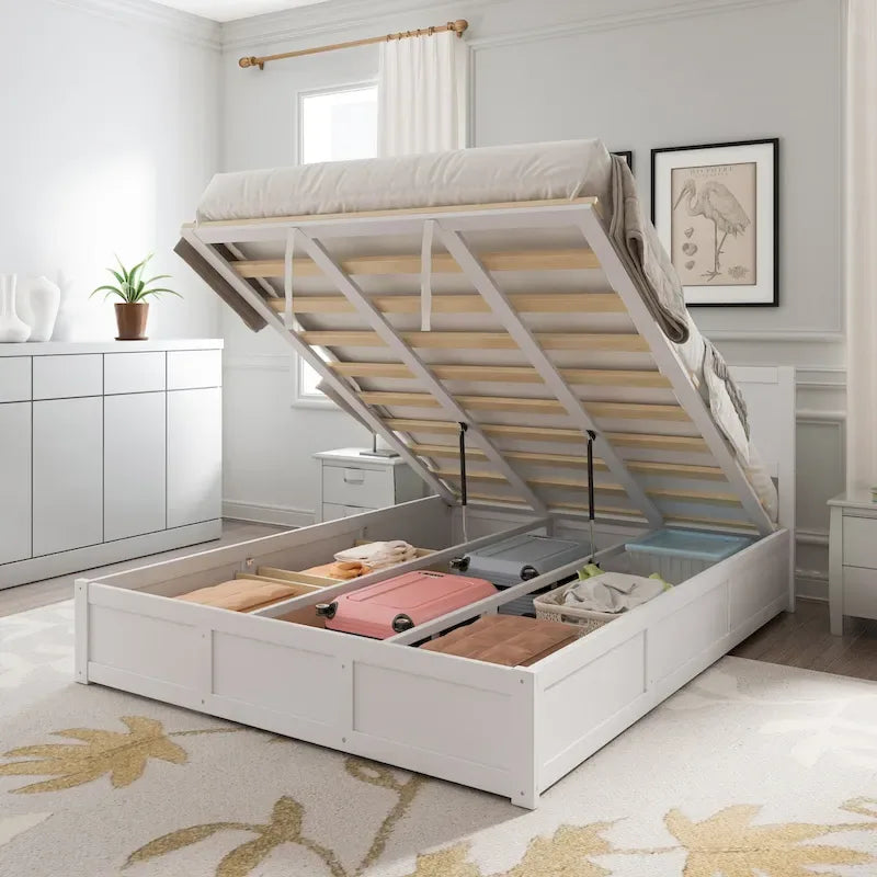 Queen Size Wood Platform Bed with Hydraulic Storage System and 2 Drawers