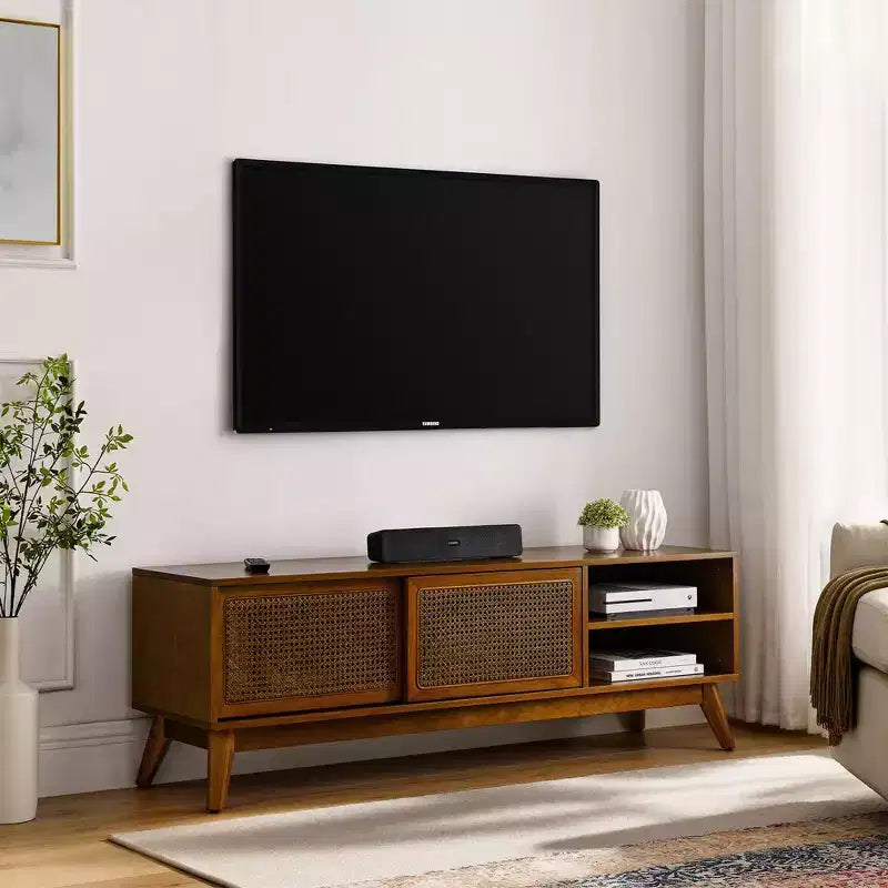 Modern Rattan TV Stand For TV Up To 65 Inch Entertainment Center Media Console Cabinet With Sliding Door,abstract,Light Wood,59in,4.92ft