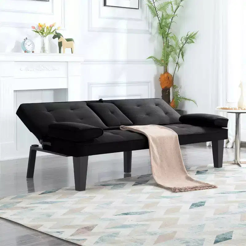 MAYEERTY 65 Futon Sleeper Sofa Bed with Cup Holders & 3-Position Adjustable Backrest