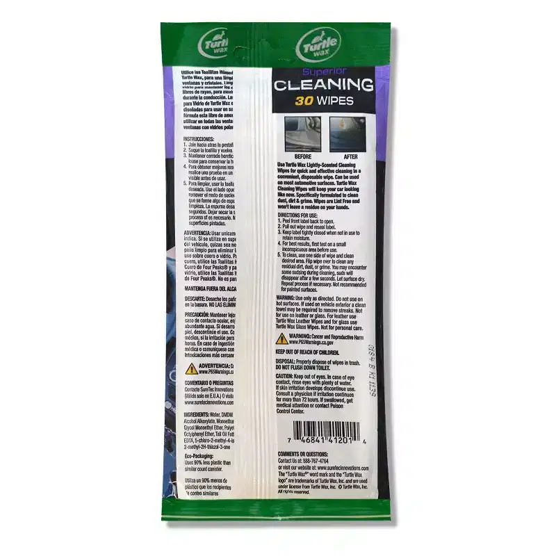 Turtle Wax 30ct Cleaning Auto Wipes Pouch: Citrus Scented Car Interior Cleaning Supplies