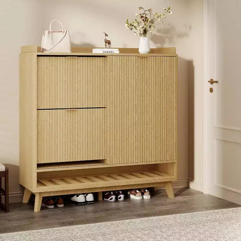 Acekool Fluted Narrow Wooden Shoe Cabinet with Sliding Door & 2 Flip Drawers Slim Entryway Storage for Hallway & Closet