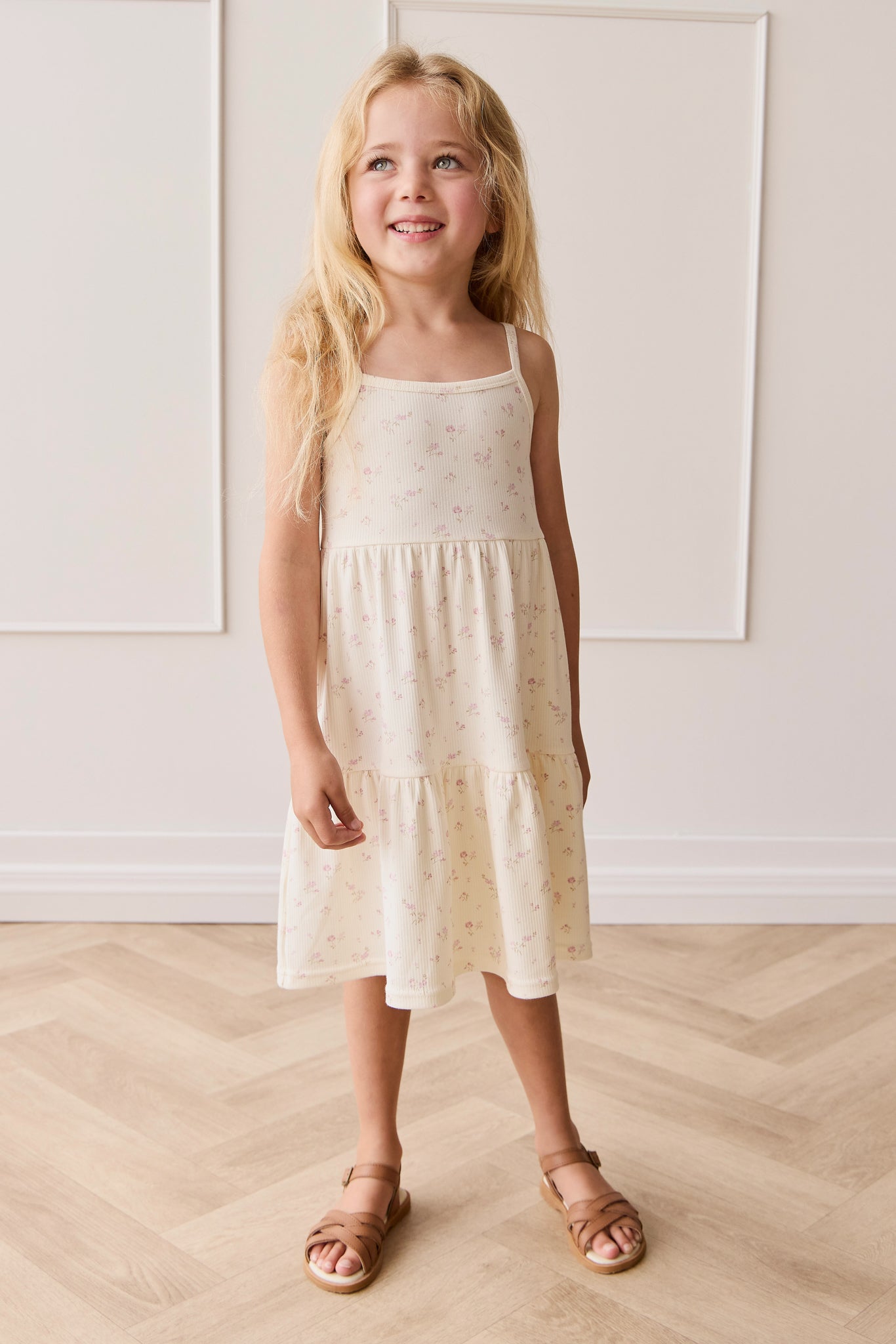 Minimalist Neutral Solid Fine Rib Organic Cotton-Elastane Dress with Stretch Fitted Silhouette for Girls Everyday (1Y�C10Y)