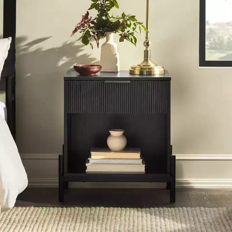 Modern Fluted-Drawer Nightstand with Open Cubby C Black