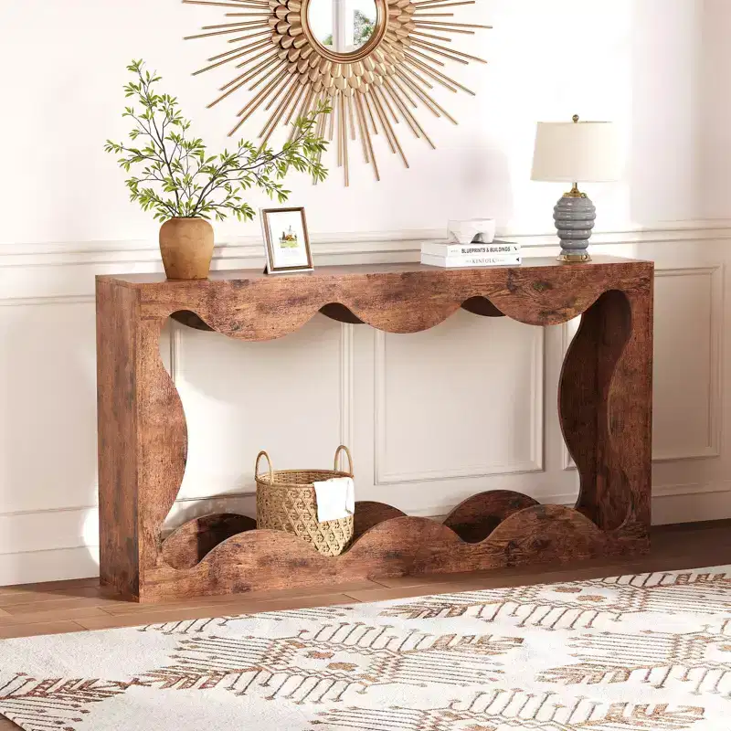 Scalloped Console Table for Entryway, Slim Wooden Modern Sofa Table Behind Couch with Storage Shelf, Hallway TV Console for Entrance, Living Room