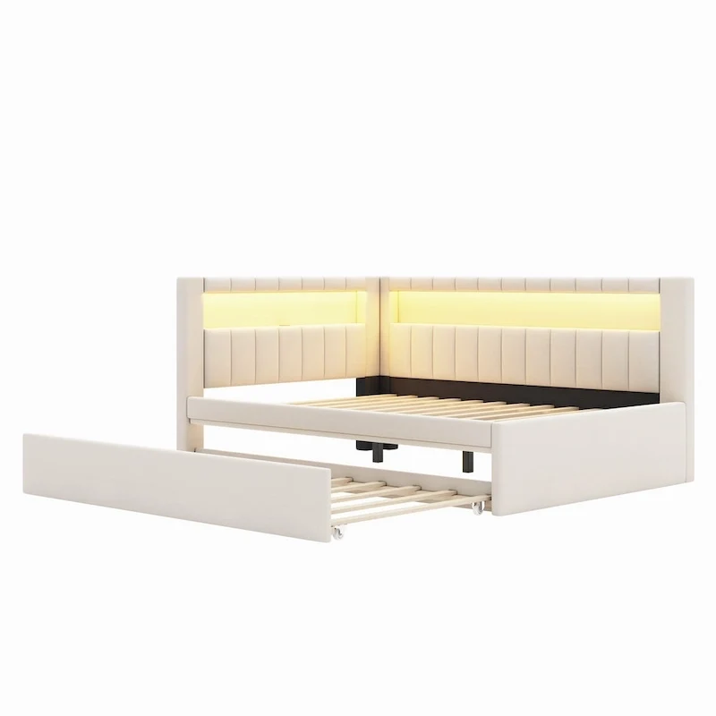 Lit plateforme rembourré avec ports USB et éclairage LED - Cadre de lit double/simple avec 2 tiroirs de rangement - Chambre moderne