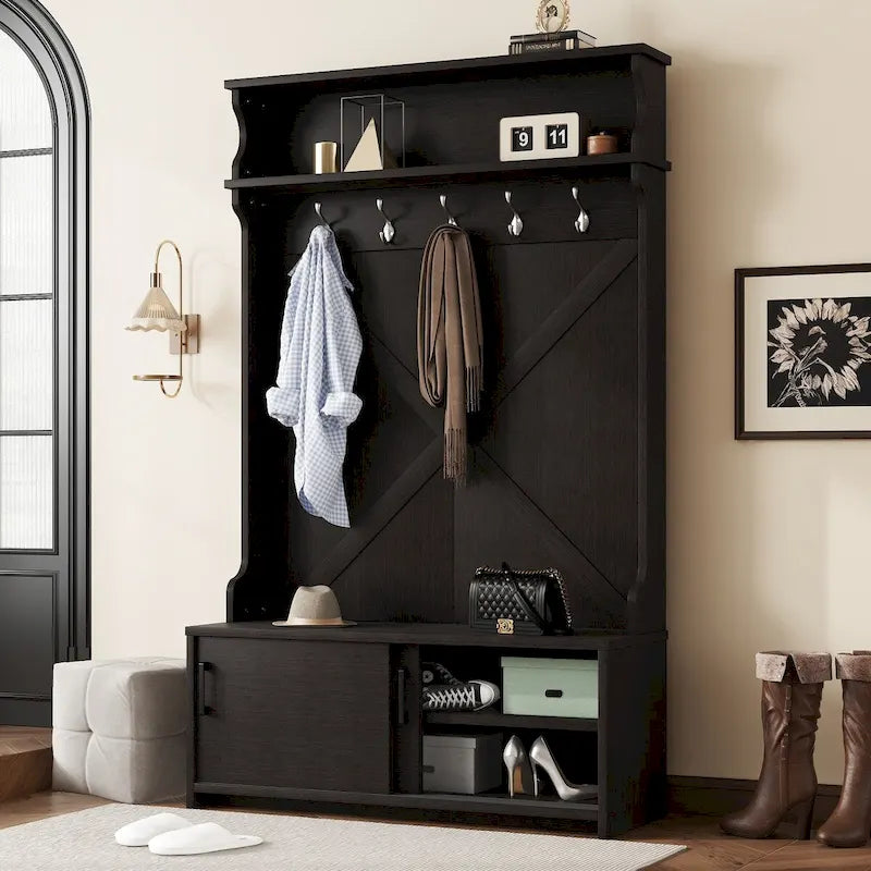 Hall Tree with Bench, Sliding Doors, Top Shelf & 5 Hooks