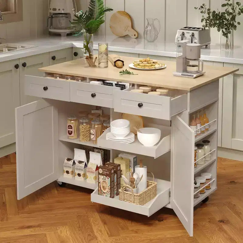 47.2 Mobile Rolling Kitchen Cart On Wheels, Rolling Kitchen Island with Drop Leaf Countertop, Charging Station, Pull-Out Shelves & Ample Storage