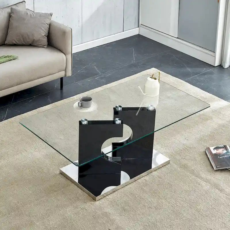 47.2x25.5x18 Rectangular Modern Coffee Table with Tempered Glass Top and Black MDF Legs