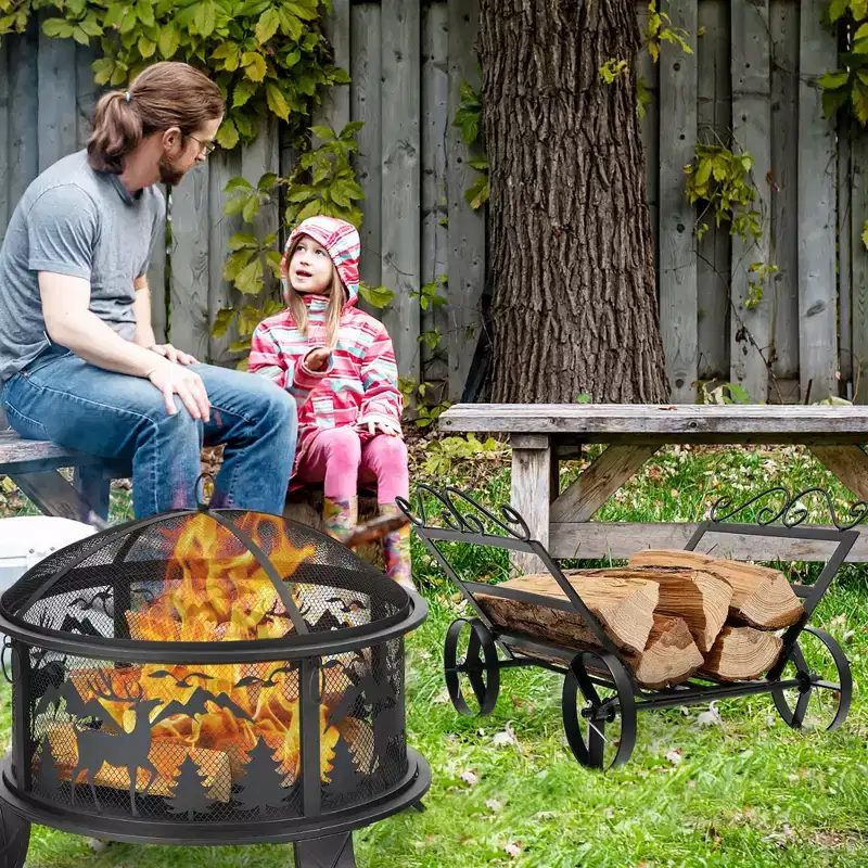 Costway Firewood Storage Rack Steel Fireplace Log Holder w/ Wheels