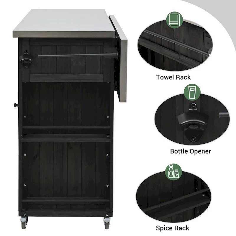 Outdoor Kitchen Island, Rustic Fir Wood with Stainless Steel Top and Smart Storage