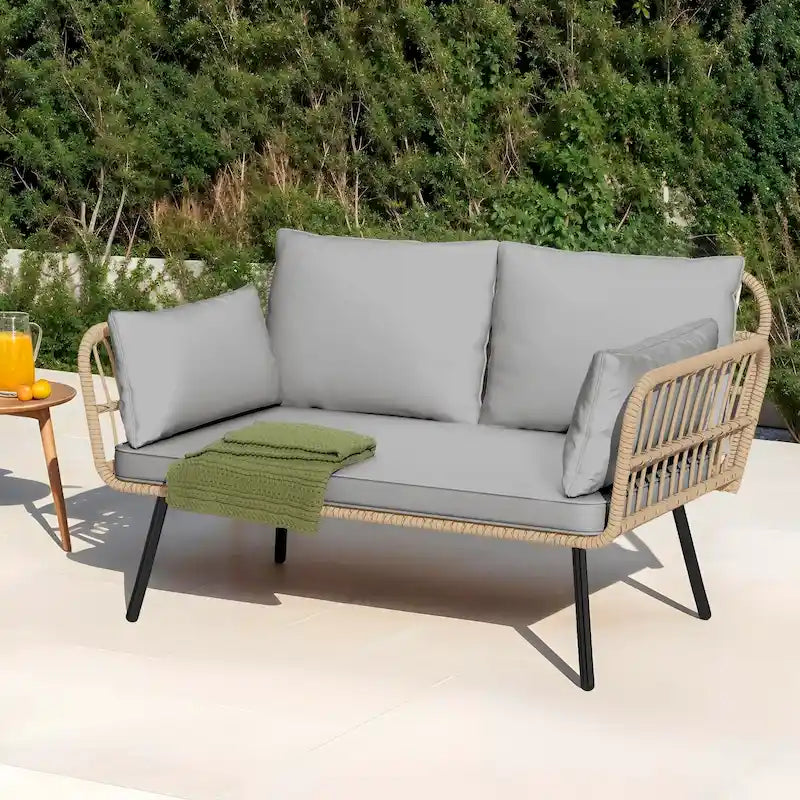 Fernald Patio Wicker Loveseat Sofa with Cushions and Lumbar Pillows