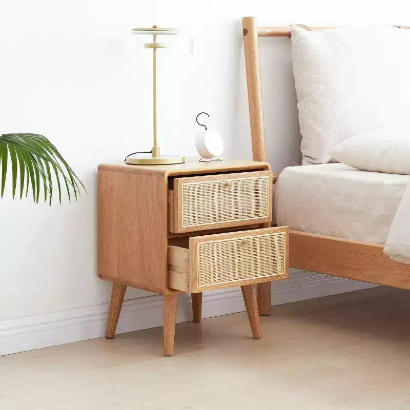 Pure Solid Oak Nightstand with 2 Drawers, Wooden Bedside Cabinet with Rattan Drawer Fronts, Minimalist Bed Side Table - Panipeachy