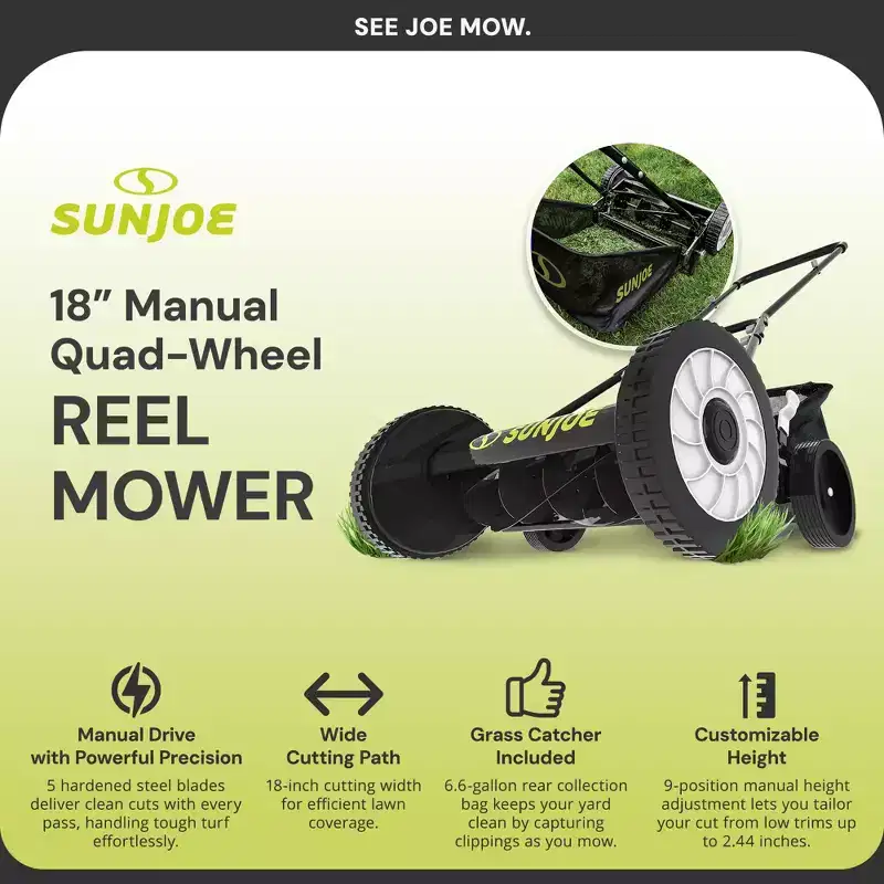 Sun Joe Manual Reel 18 Push Behind Lawn Mower with Grass Catcher, SUJ-MJ501M