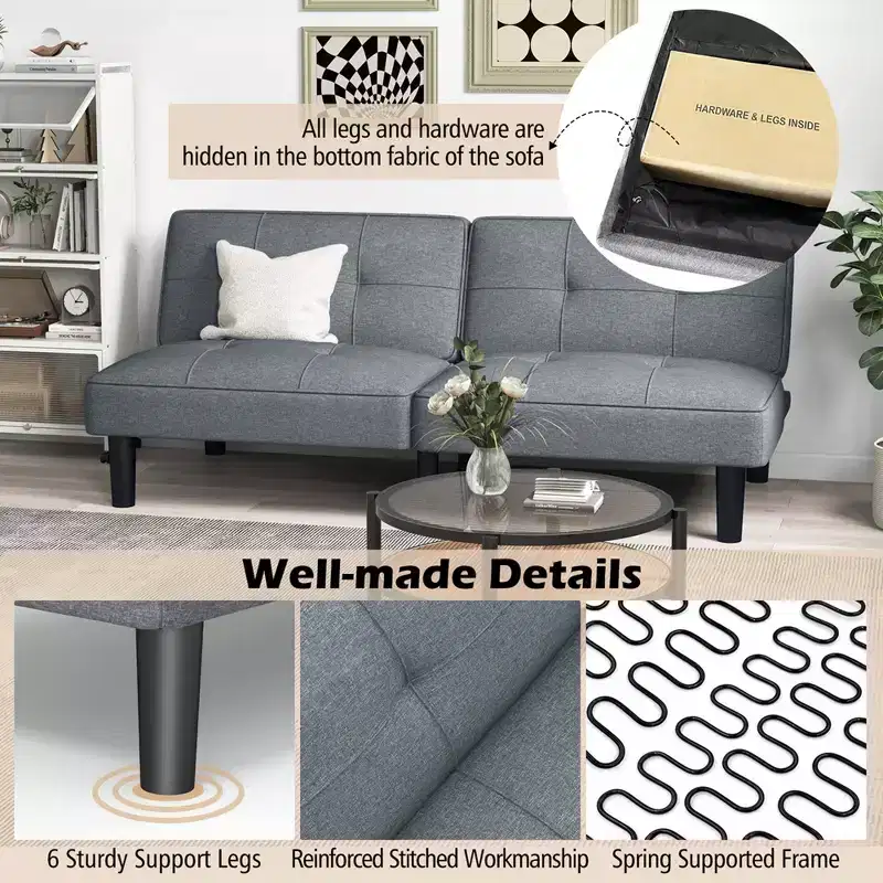Costway Convertible Folding Futon Sofa Bed with 6-Position Adjustable Backrest Cushion