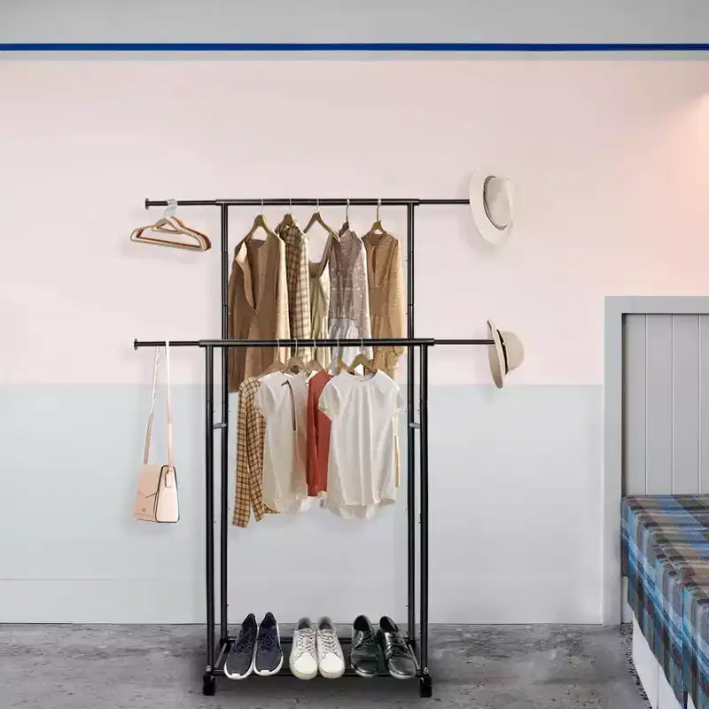 Heavy Duty Double Rod Rolling Clothes Rack, Adjustable Metal Garment Rack with 150 lbs Load Capacity, Locking Wheels & Bottom Shelf