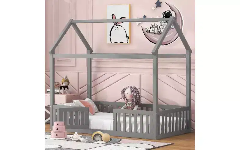 Pine Kids House-Frame Floor Bed Twin 72.4''H x 40.2''W x 78.1''D