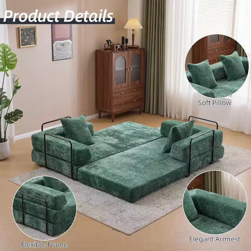 MooxvMoo Floor Sofa Bed Convertible, Corduroy Futon Couch with Pillow, Sleeper for Living Room Bedroom, Dark Green