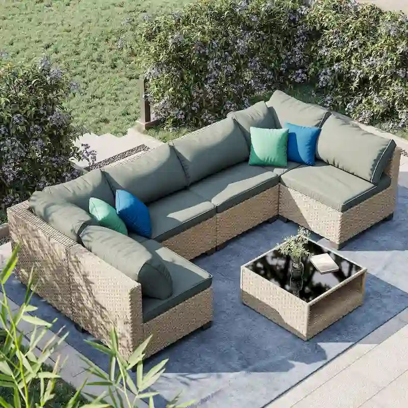 7-Piece Patio Furniture Set, All-Weather Boho Outdoor Conversation Set Sectional Sofa with Water Resistant Thick Cushions