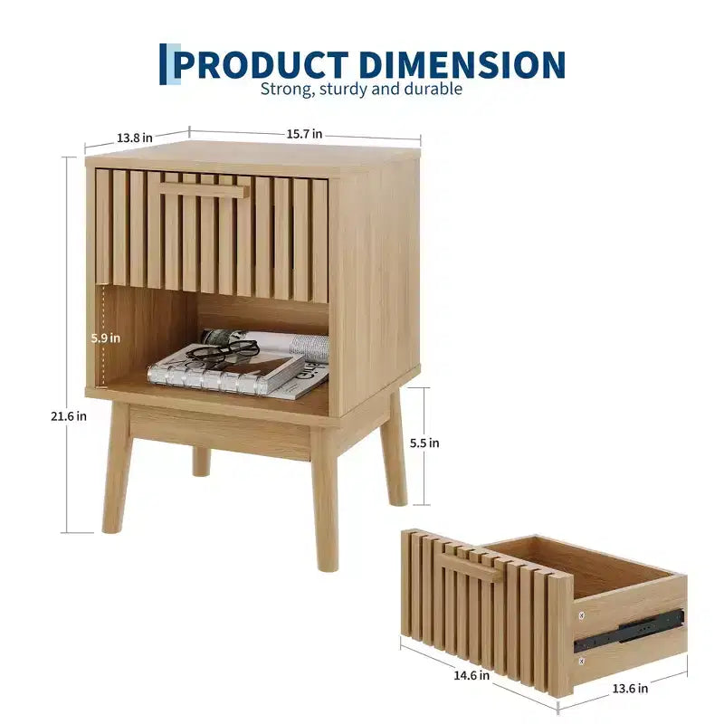 Set of 2 Boho Nightstands w/ Striped Drawer and Open Shelf, Compact Wood Bedside End Table, Small Space Side Table for Bedroom and Living Room