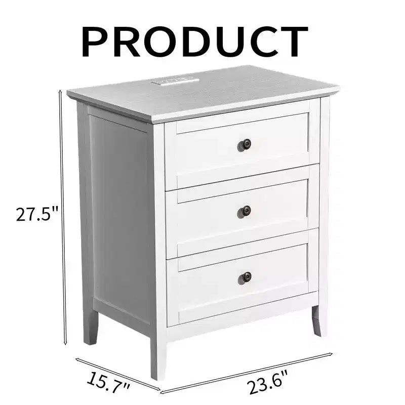24 Inch Nightstand with 3 Drawers & Built-In USB, Type-C & AC Outlets, MDF, White