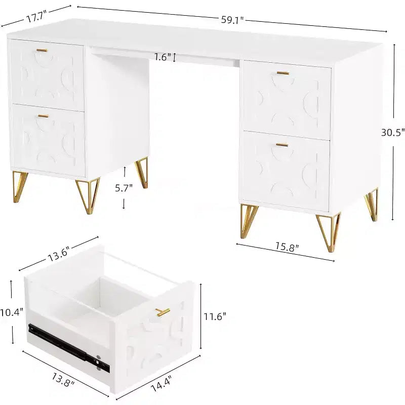 Lantine 59-Inch White Desk with Drawers, Modern Office Desk Writing Table with Gold Legs and Storage for Bedroom, Workspace, Living Room