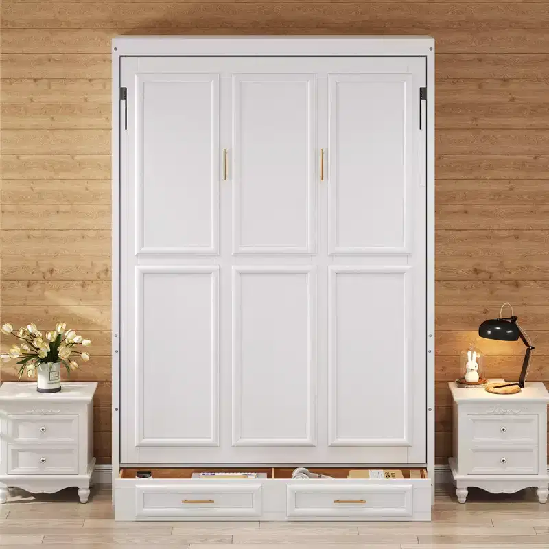 Whisen Minimalist Full Size Murphy Bed Cabinet Bed Wall Bed with 2 Drawers - Beige