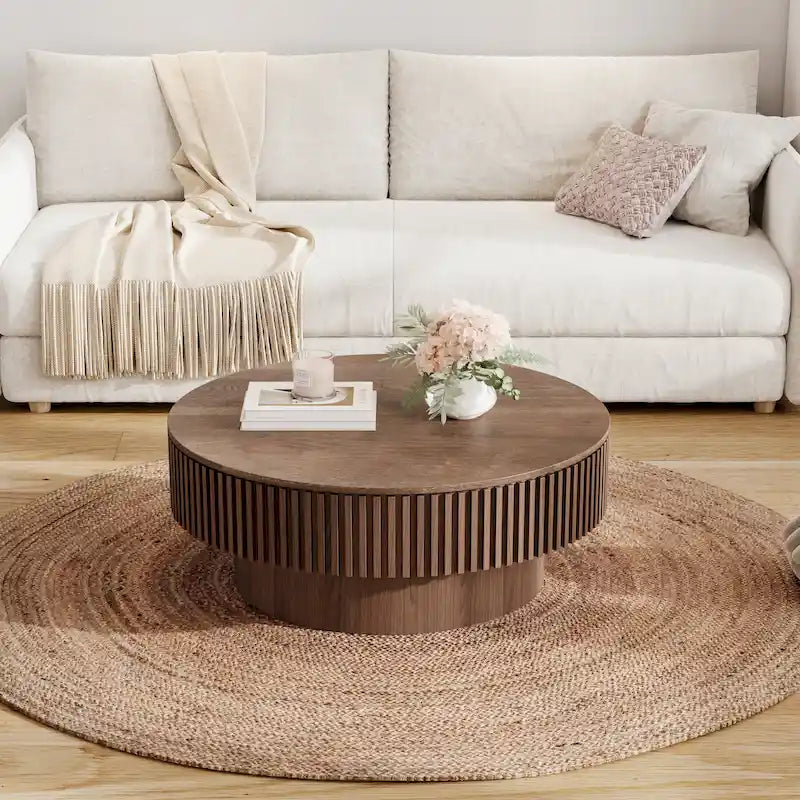 Modern Solid Wood Veneered Round Coffee Tea Table with Storage