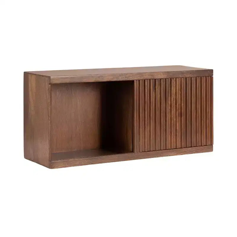 30x10x14in Solid Mango Wood Floating Wall Cabinet with Sliding Door, Walnut Brown