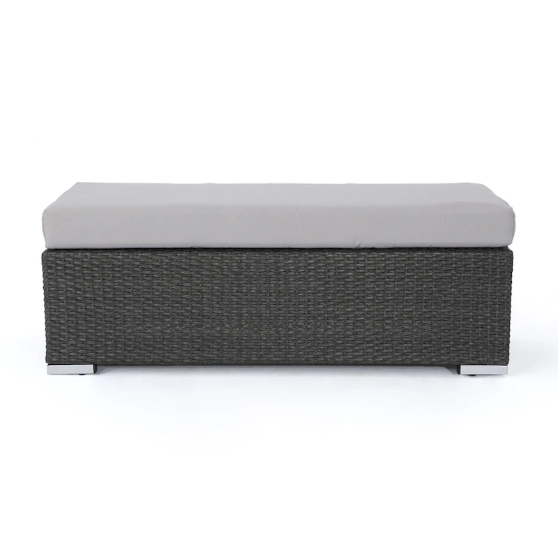 Sanie Outdoor Bench, 47 Inch, Gray Resin Wicker Weave, Silver Polyester