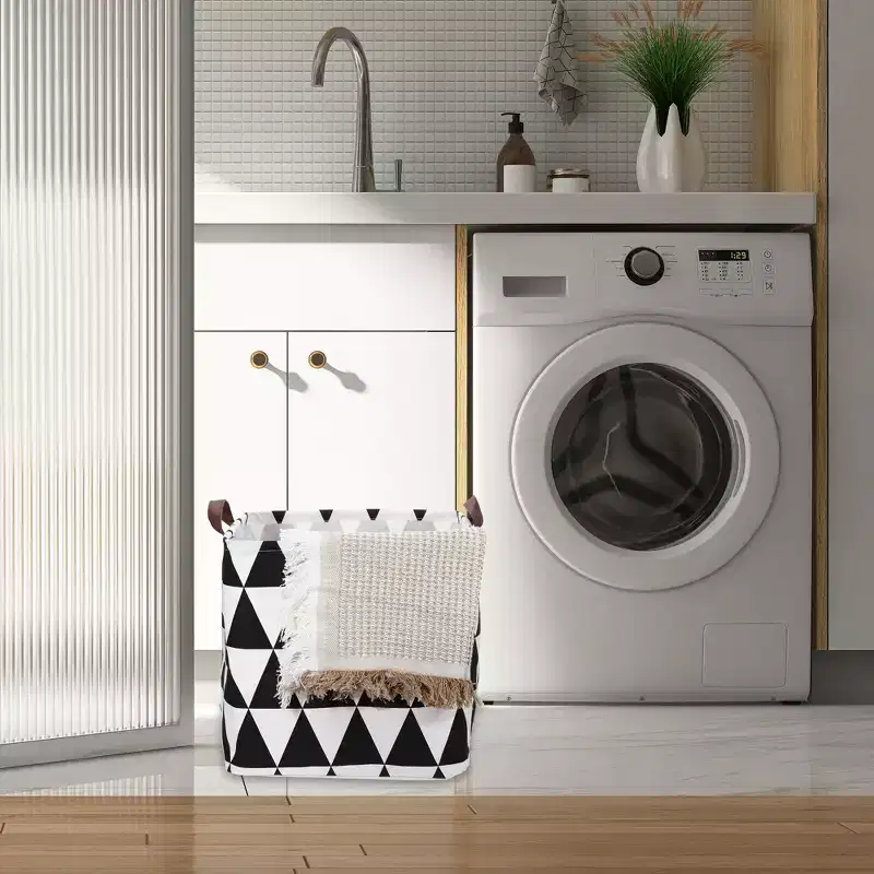 Unique Bargains Foldable Square Laundry Basket 1831 Cubic-in Black White 1 Pc Triangle
