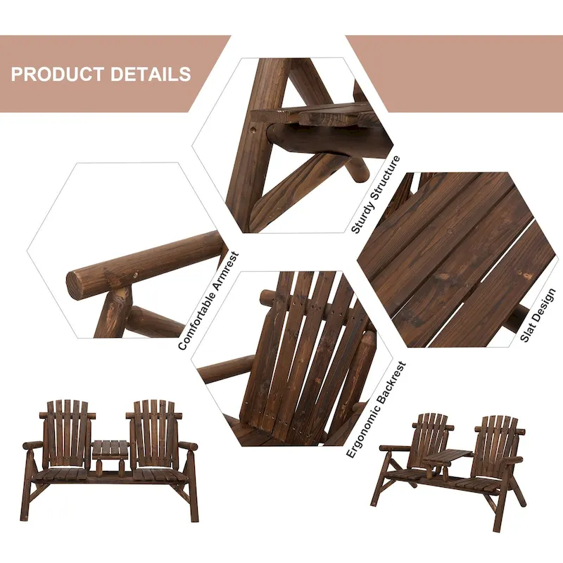 Outsunny 2-Seat Wooden Adirondack Chair, Patio Bench With Table, Outdoor Loveseat Fire Pit Chair For Porch, Backyard, Deck