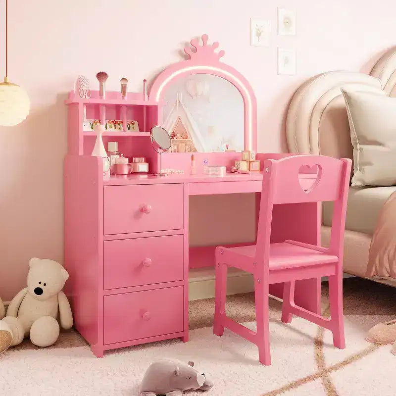 Acekool Kids Vanity with Lights, 2-in-1 Princess Makeup Table with Stool & Drawers, Convertible Desk for Bedroom