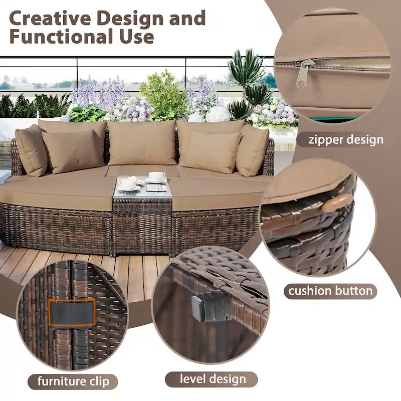 Patio Conversation Set Wicker Round Sofa Set Separate Seating Group with Coffee Table Daybed Rattan Sunlounger Loveseat Sleeper