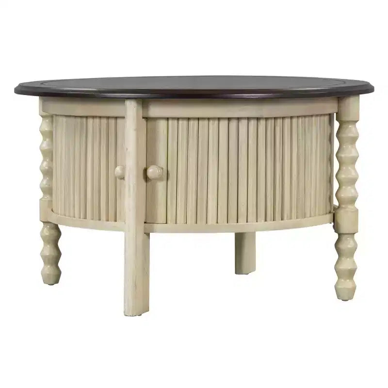 Round Wood Sliding Door Coffee Table with Solid Legs